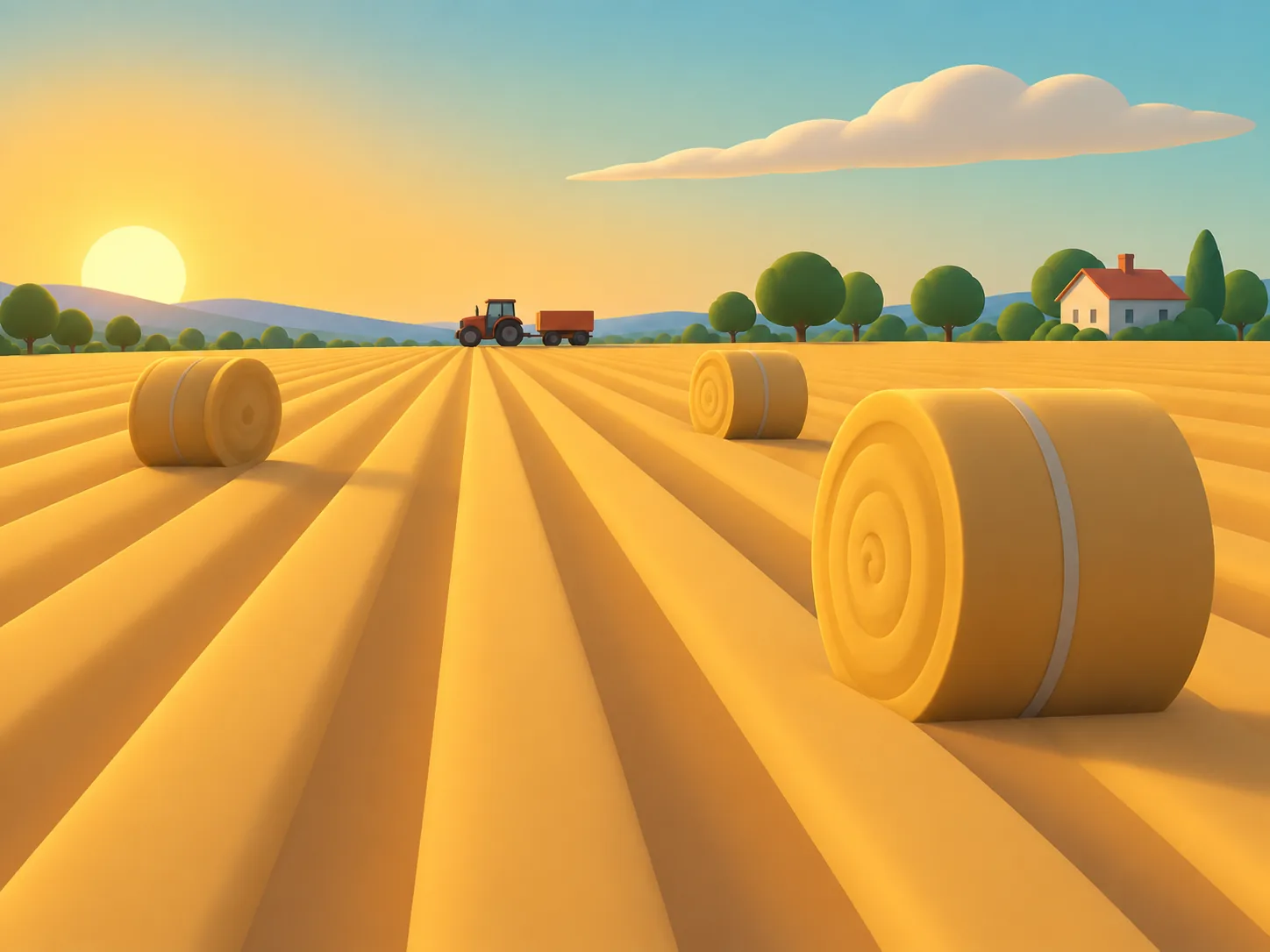 Abgeerntete Feldreihen im Abendlicht mit runden Heuballen und einem kleinen roten Traktor