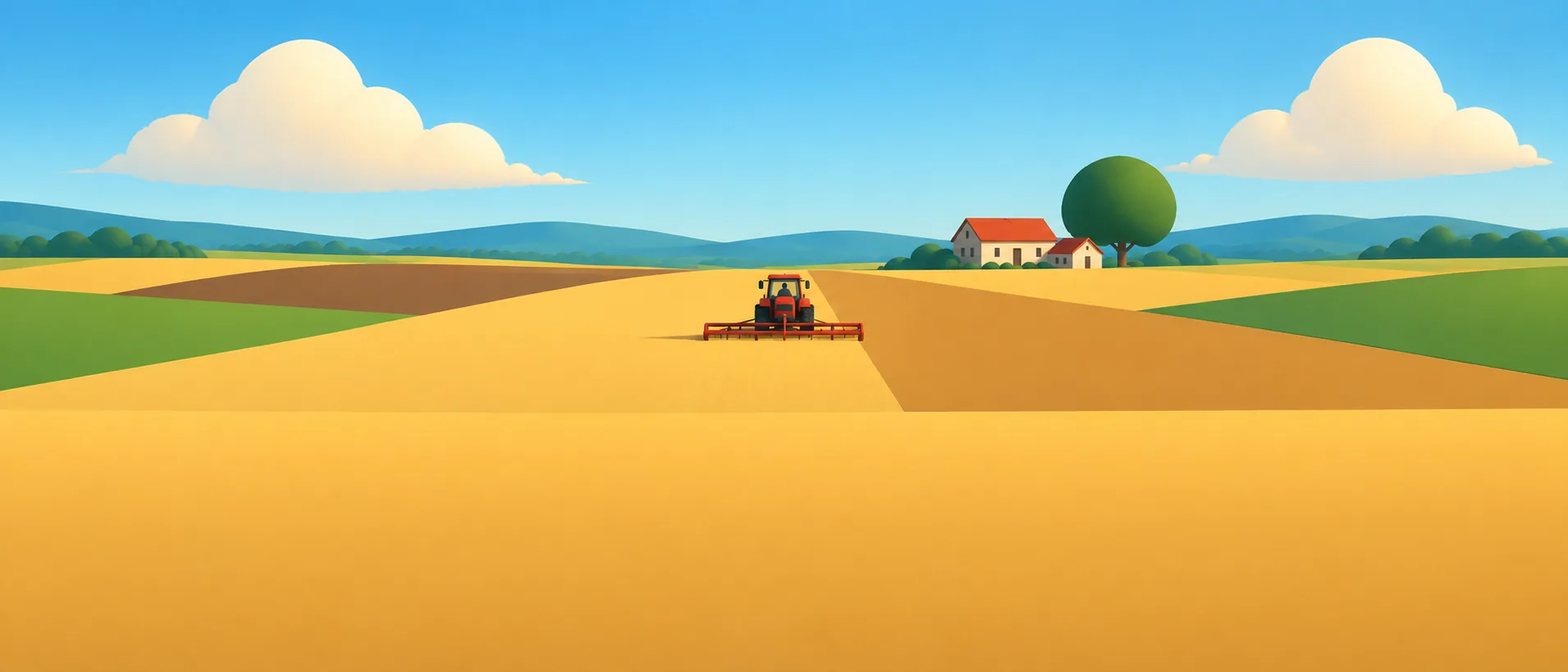 Weite Felder in Gold und Grün mit einem roten Traktor und einem Hof am Horizont