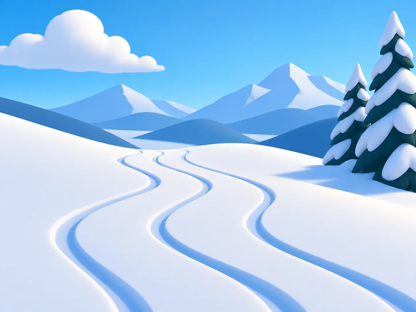 Ein verschneiter Hang mit Skispuren zwischen dunklen Tannen unter klarem Himmel