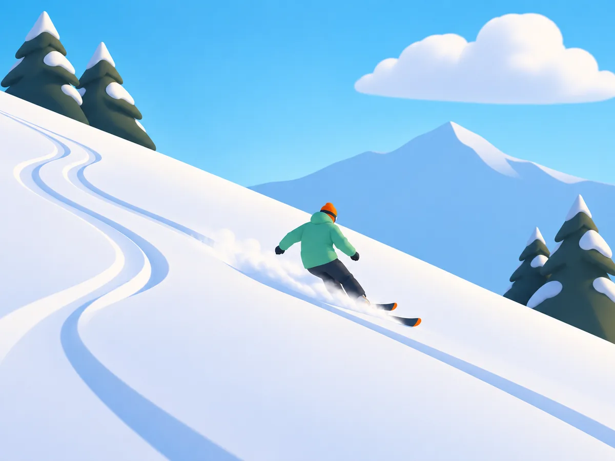 Verschneiter Hang mit geschwungenen Spuren und einer Skifahrerin kurz vor der nächsten Kurve