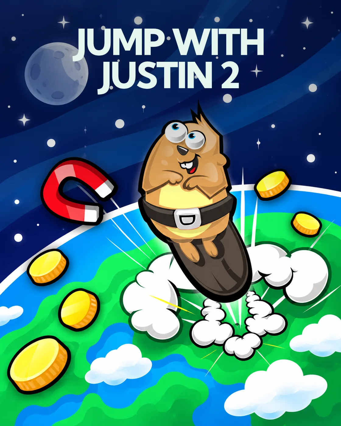 Szene aus Jump With Justin 2: Figur springt hoch über einem Planeten