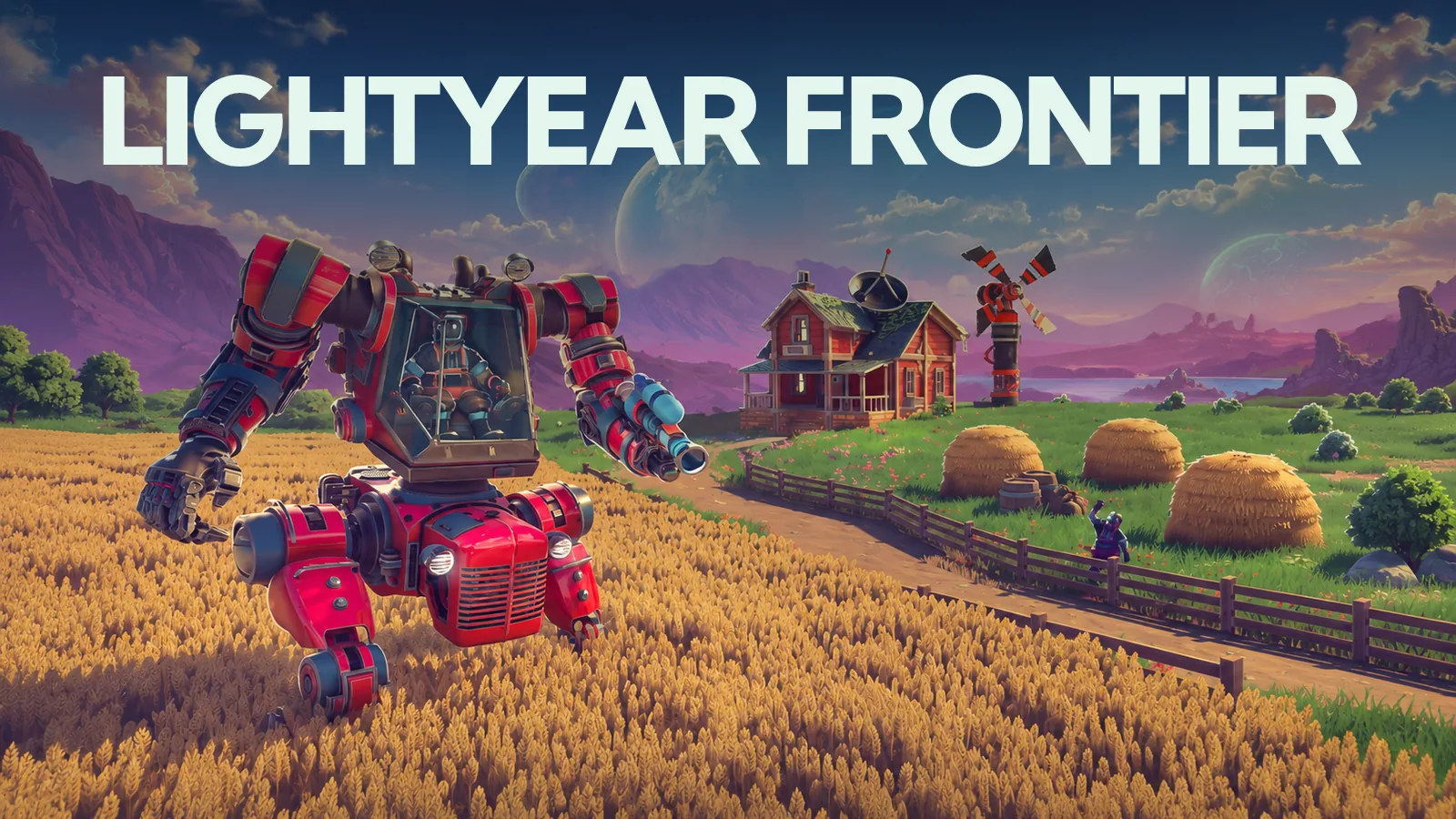 Szene aus Lightyear Frontier: Mech auf einem Getreidefeld vor einem Hof