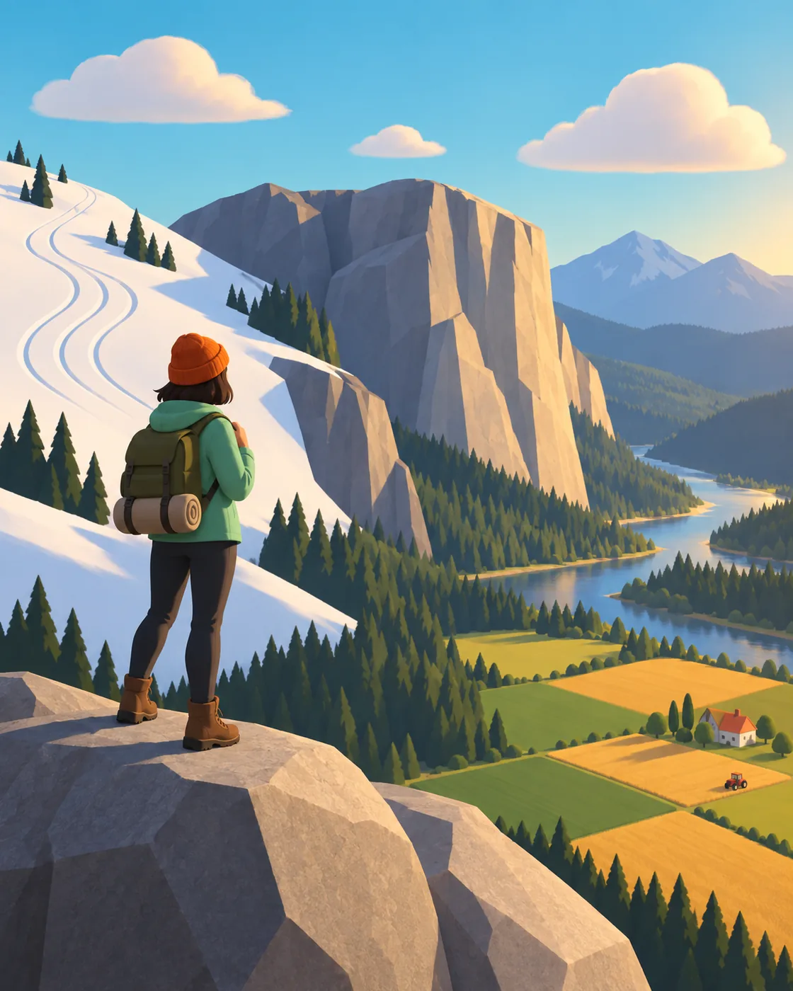 Eine Wanderin steht auf einem Felsgrat und blickt auf verschneite Hänge, eine Steilwand und Felder im Tal