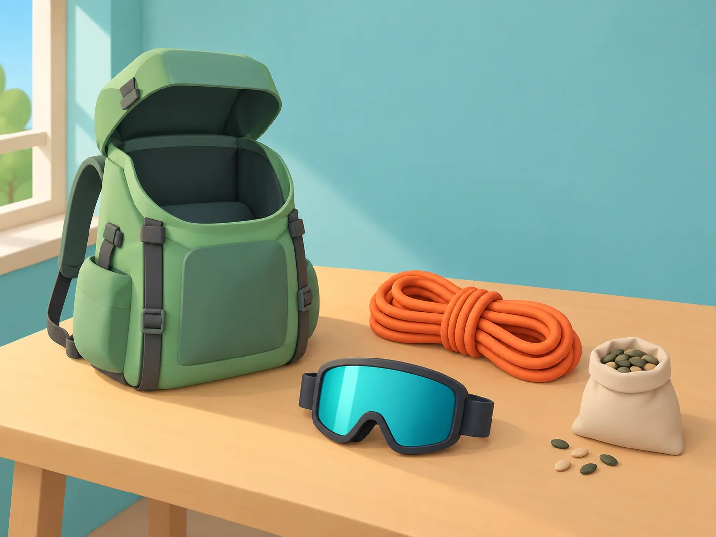 Ein Rucksack mit Kletterseil, Skibrille und einem Beutel Saatgut auf einem Holztisch